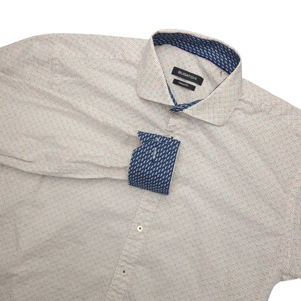 BUGATCHI Dress Shirt Mens Large White Polka Dot Slim Fit Long Sleeve Cotton